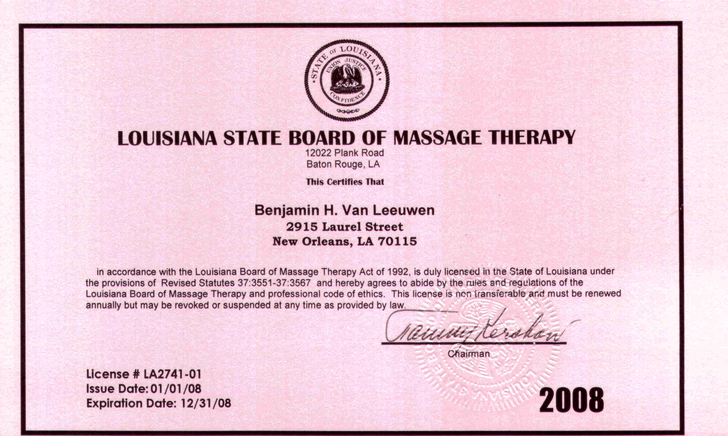 Shiatsu New Orleans, Benjamin H van Leeuwen, LMT, Dipl. ABT